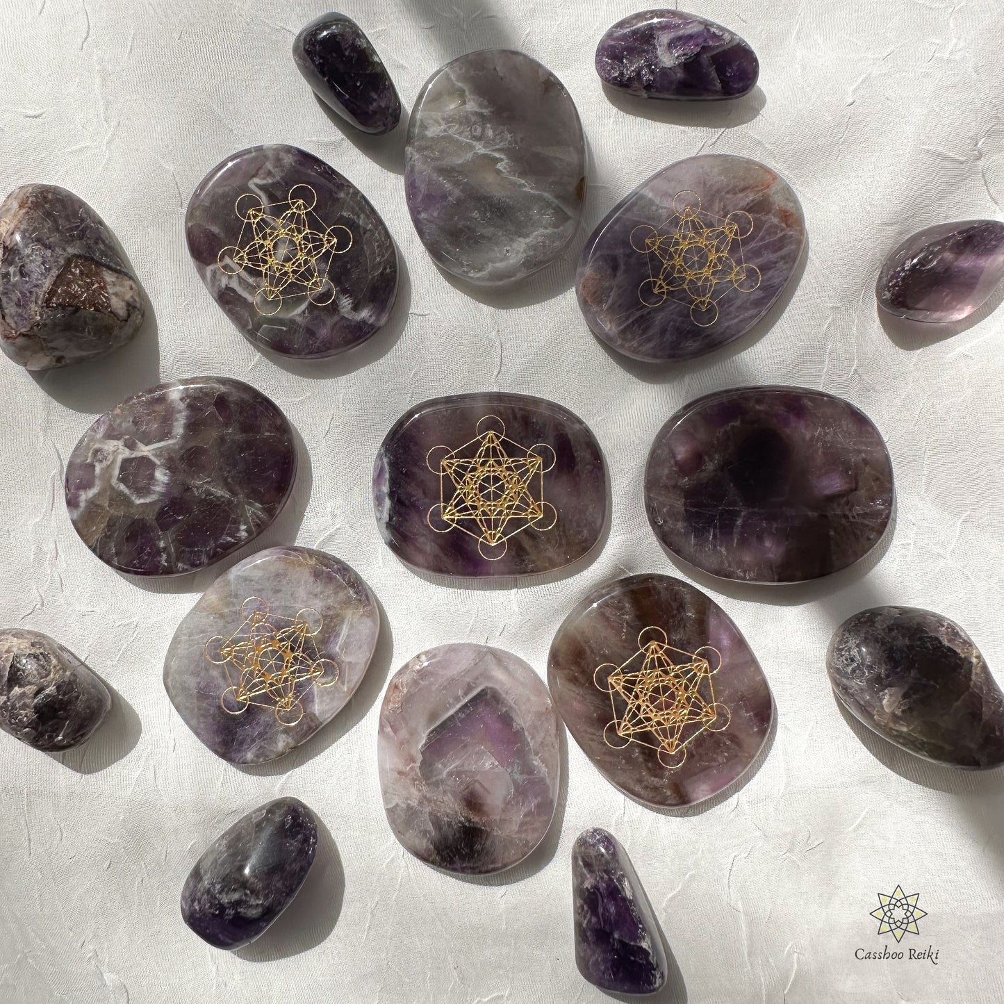 Archangel Metatron Cube etched in Gemstone: Engraved Palm Stone | Etched Crystal Pocket Stone