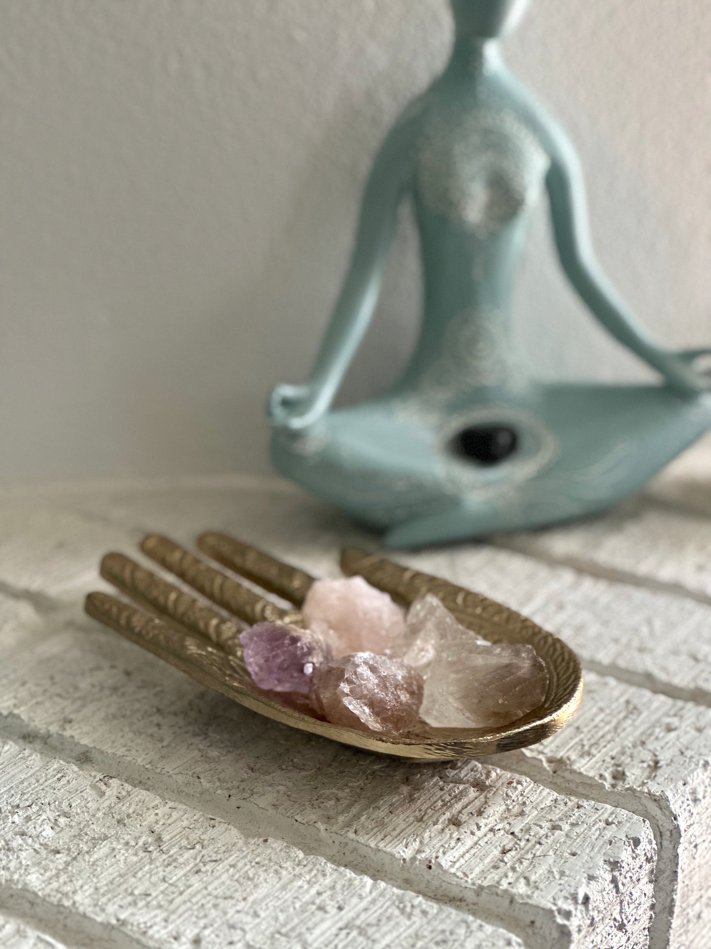 Gold Metal Hand Trinket Dish and Quartz Crystals