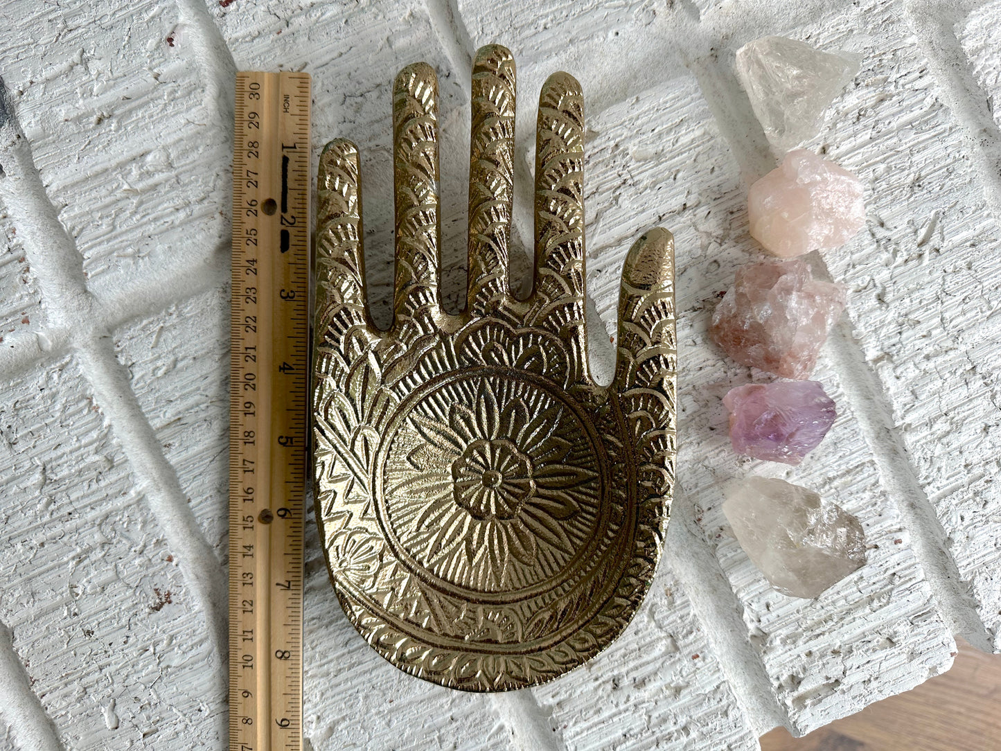 Gold Metal Hand Trinket Dish and Quartz Crystals