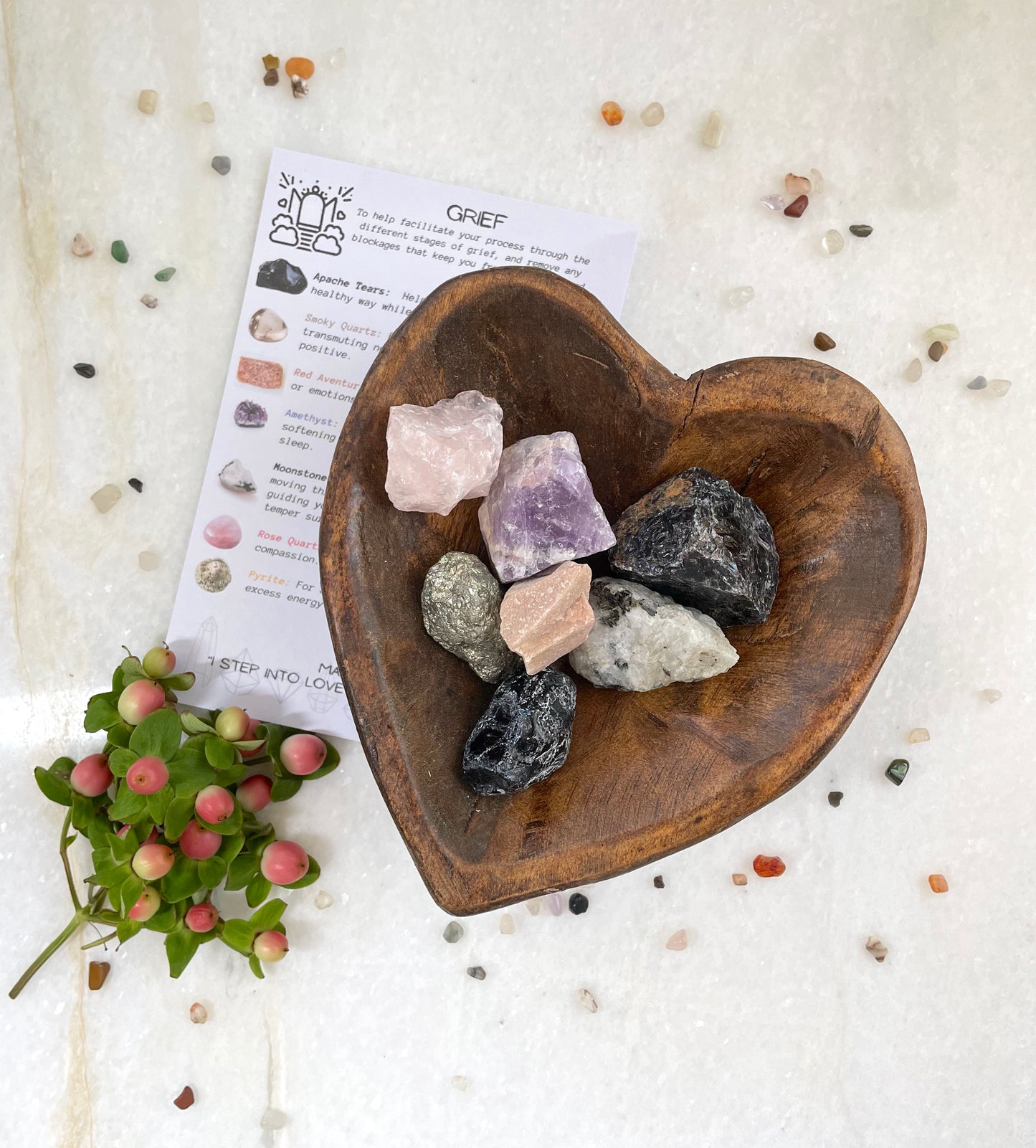 Overcoming Grief: Crystal Set with Wooden Bowl and Guided Meditation | Bereavement Gift | Sympathy Set | Crystals For Self Care