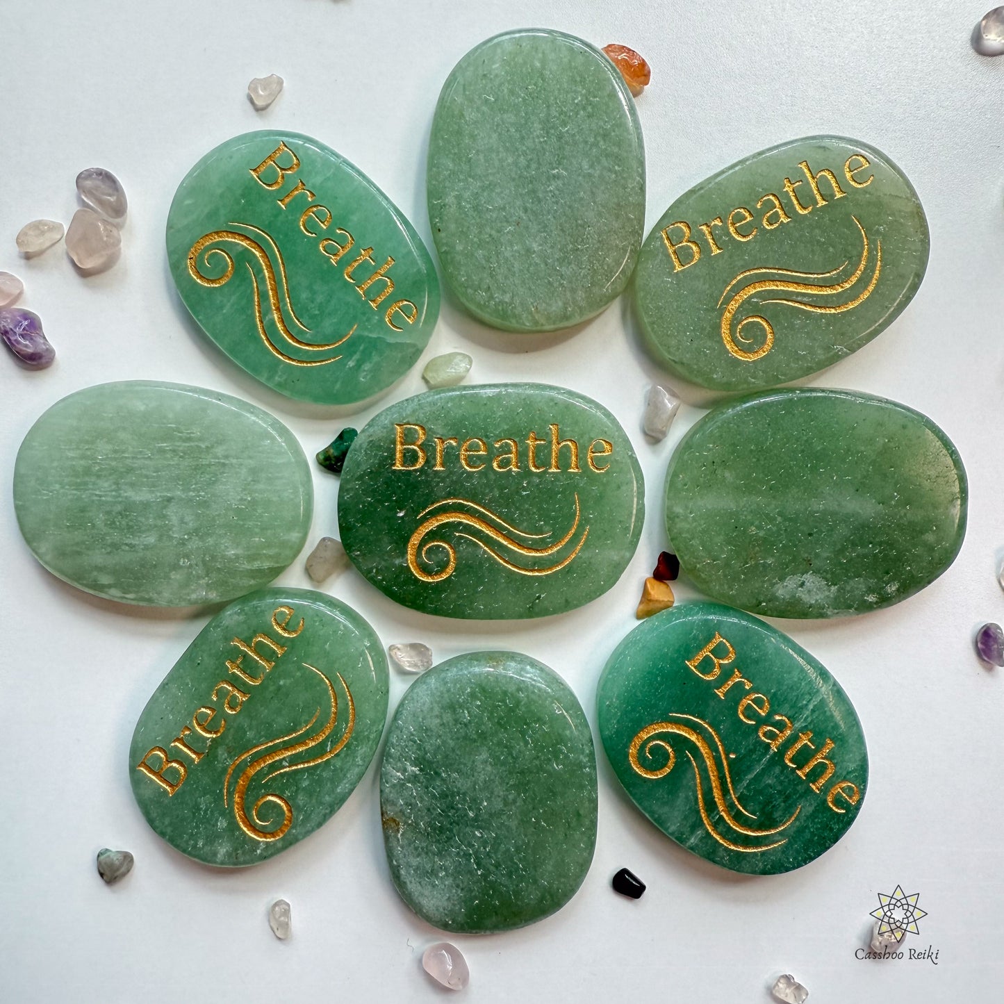 Engraved Palm Stone. Breathe in Green Aventurine