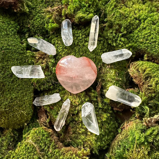 Natural Hematoid Quartz Heart and crystals points for grid | Fire Quartz Palm Stone | Crystal Carved Palm Stone