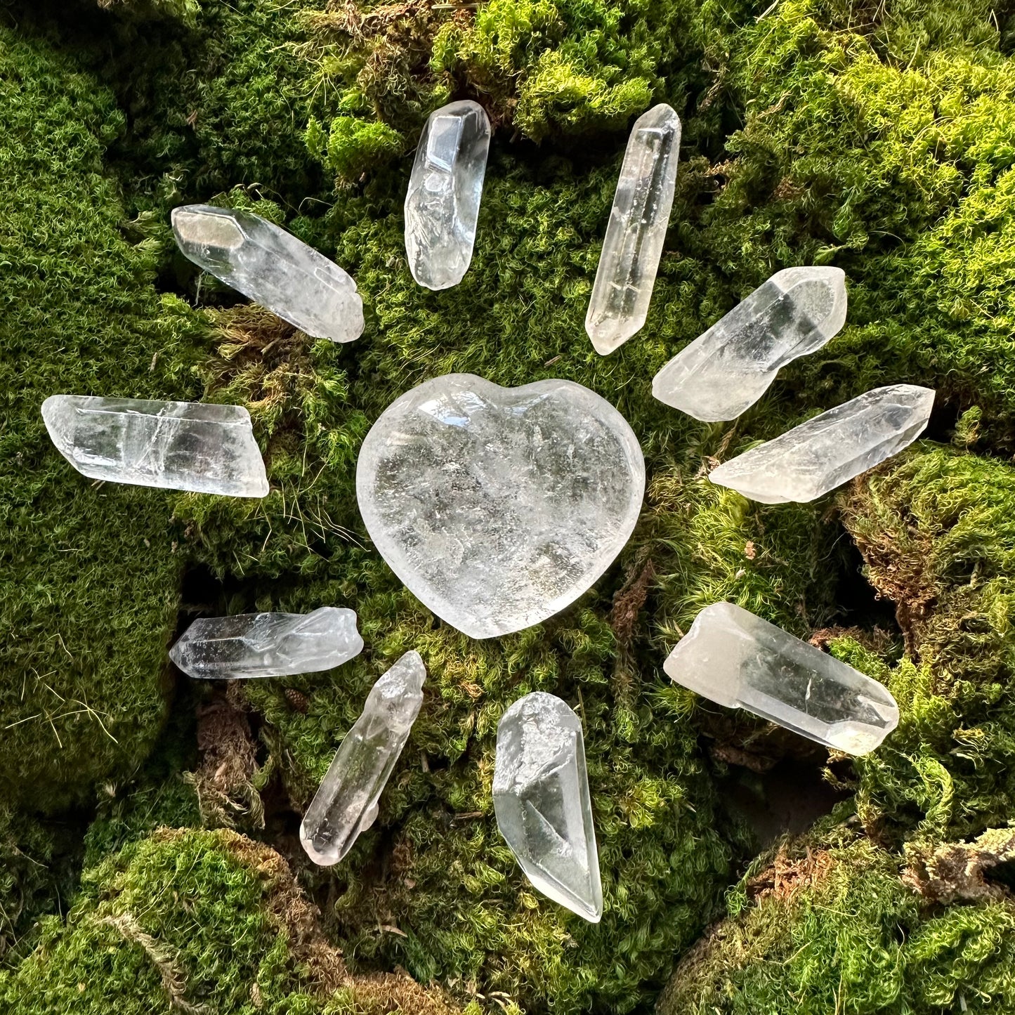 Natural Clear Quartz Heart Palm Stone and Quartz points for Gridding | Crystal Carved Heart