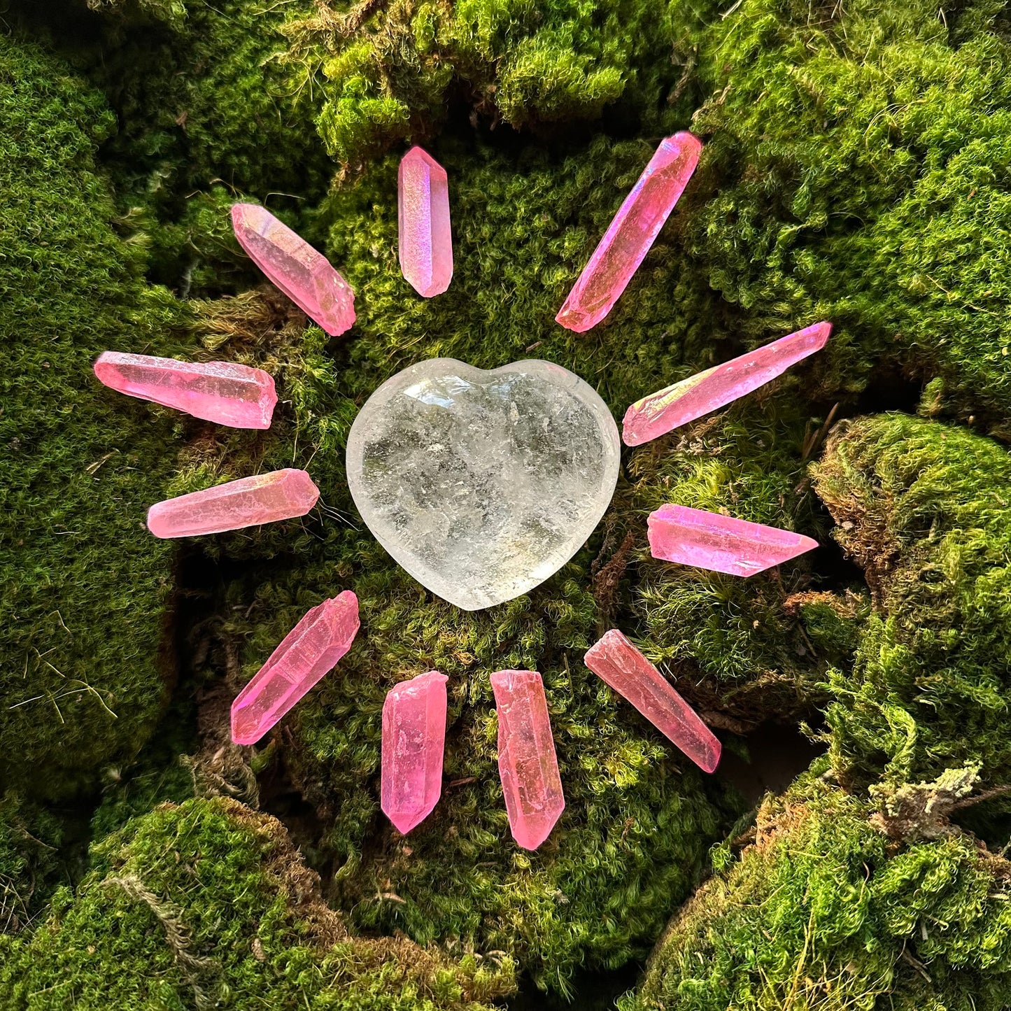 Natural Clear Quartz Heart Palm Stone and Quartz points for Gridding | Crystal Carved Heart