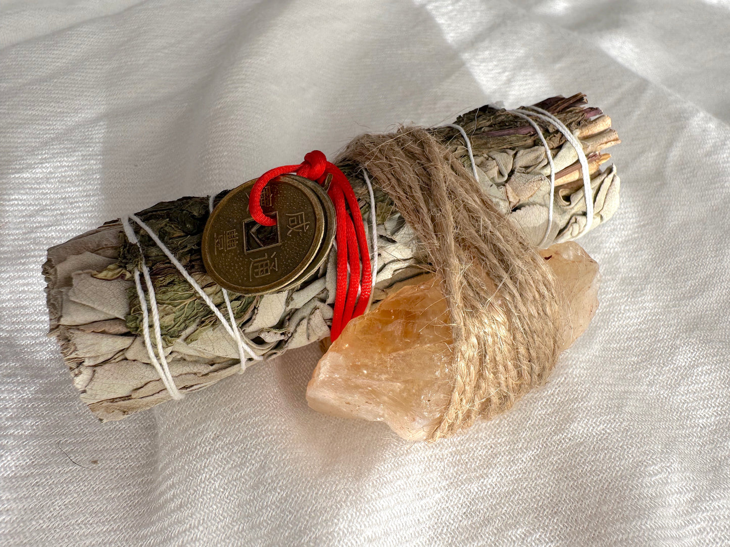 Prosperity Smudge Kit: Peppermint & White Sage Bundle w/ Citrine crystal