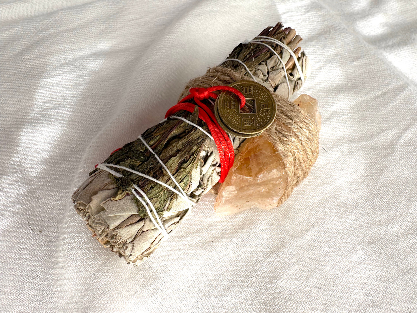 Prosperity Smudge Kit: Peppermint & White Sage Bundle w/ Citrine crystal