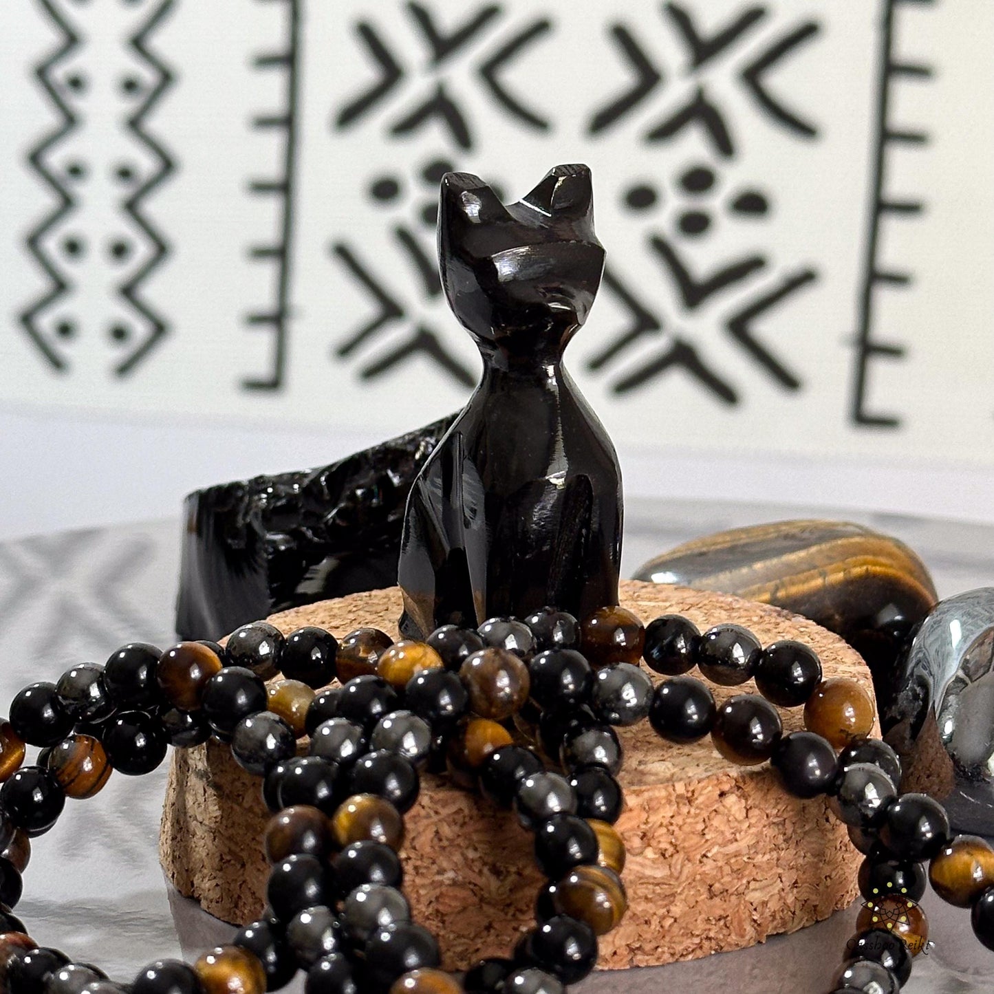 Triple Protection Set: Black Obsidian Cat and Gemstone Bracelet | Cat totem | Cat lover gift
