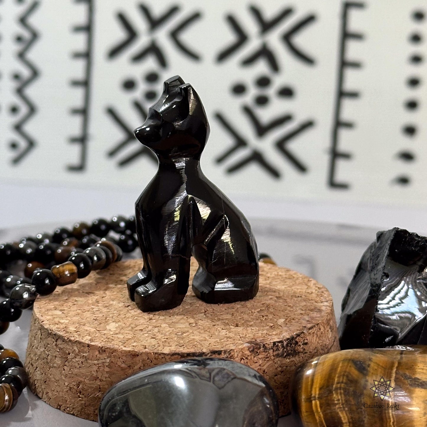 Triple Protection Set: Black Obsidian Cat and Gemstone Bracelet | Cat totem | Cat lover gift