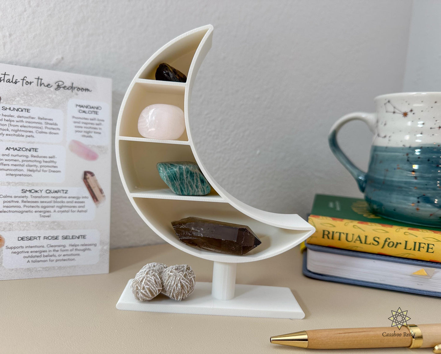 Vertical Altar with crystals for Bedside Table | Crescent Moon Shelf and Crystal Set | Crystals for the Bedroom