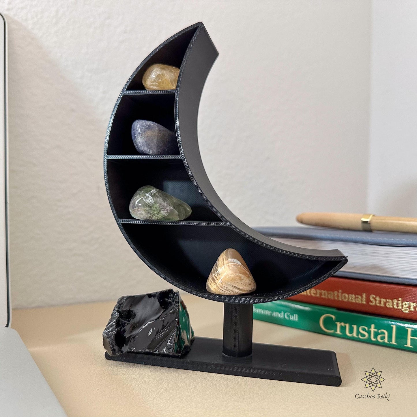 Vertical Altar with Crystals for the Workplace | Crescent Moon Shelf and Crystal Set