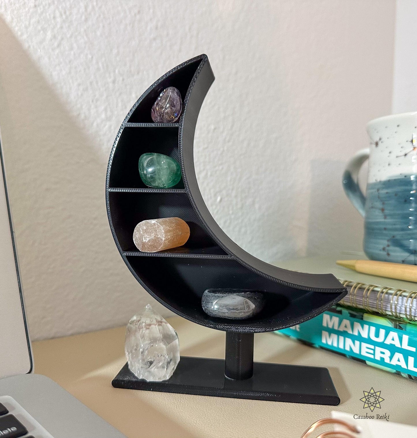 Vertical Altar with Crystals for the Student | Crescent Moon Shelf and Crystal Set
