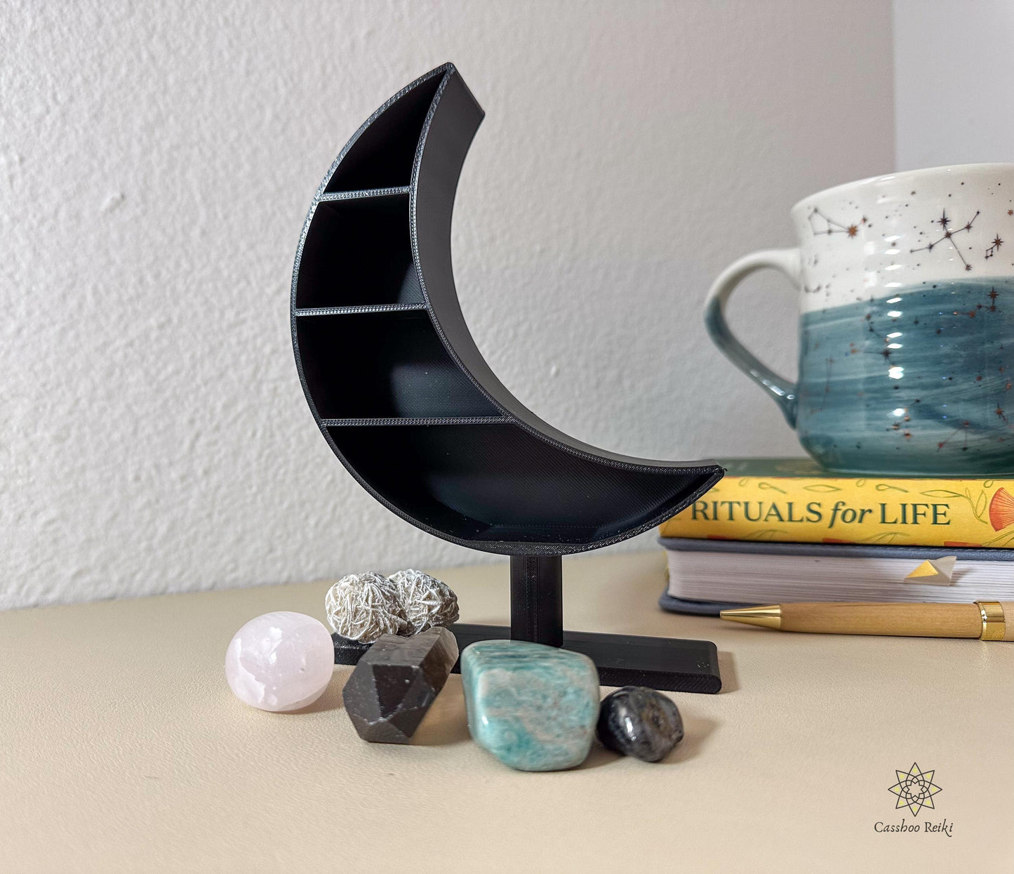 Vertical Altar with crystals for Bedside Table | Crescent Moon Shelf and Crystal Set | Crystals for the Bedroom