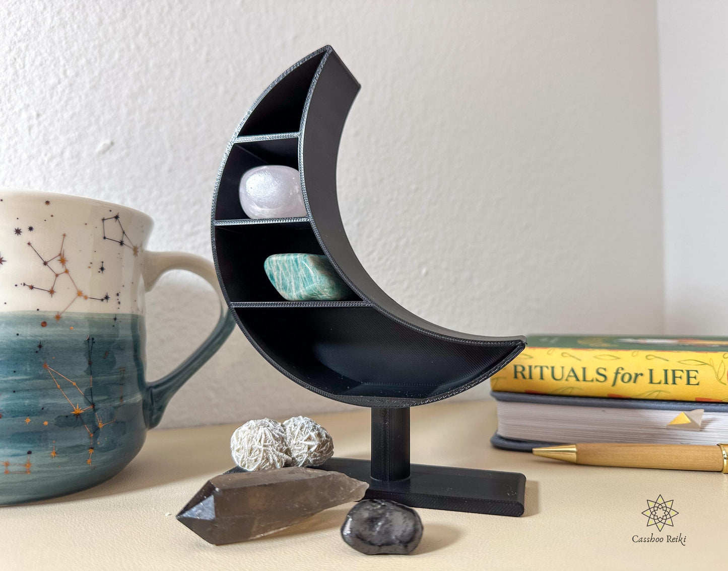 Vertical Altar with crystals for Bedside Table | Crescent Moon Shelf and Crystal Set | Crystals for the Bedroom