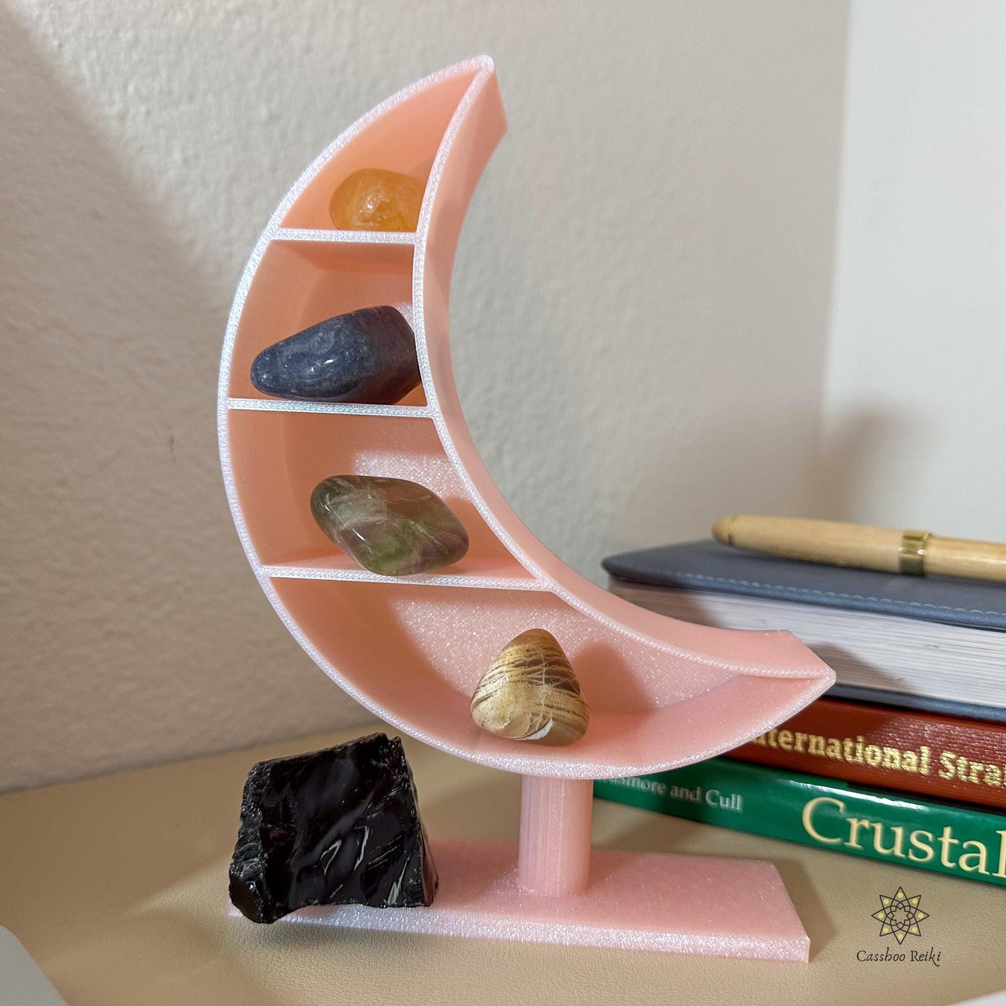 Vertical Altar with Crystals for the Workplace | Crescent Moon Shelf and Crystal Set