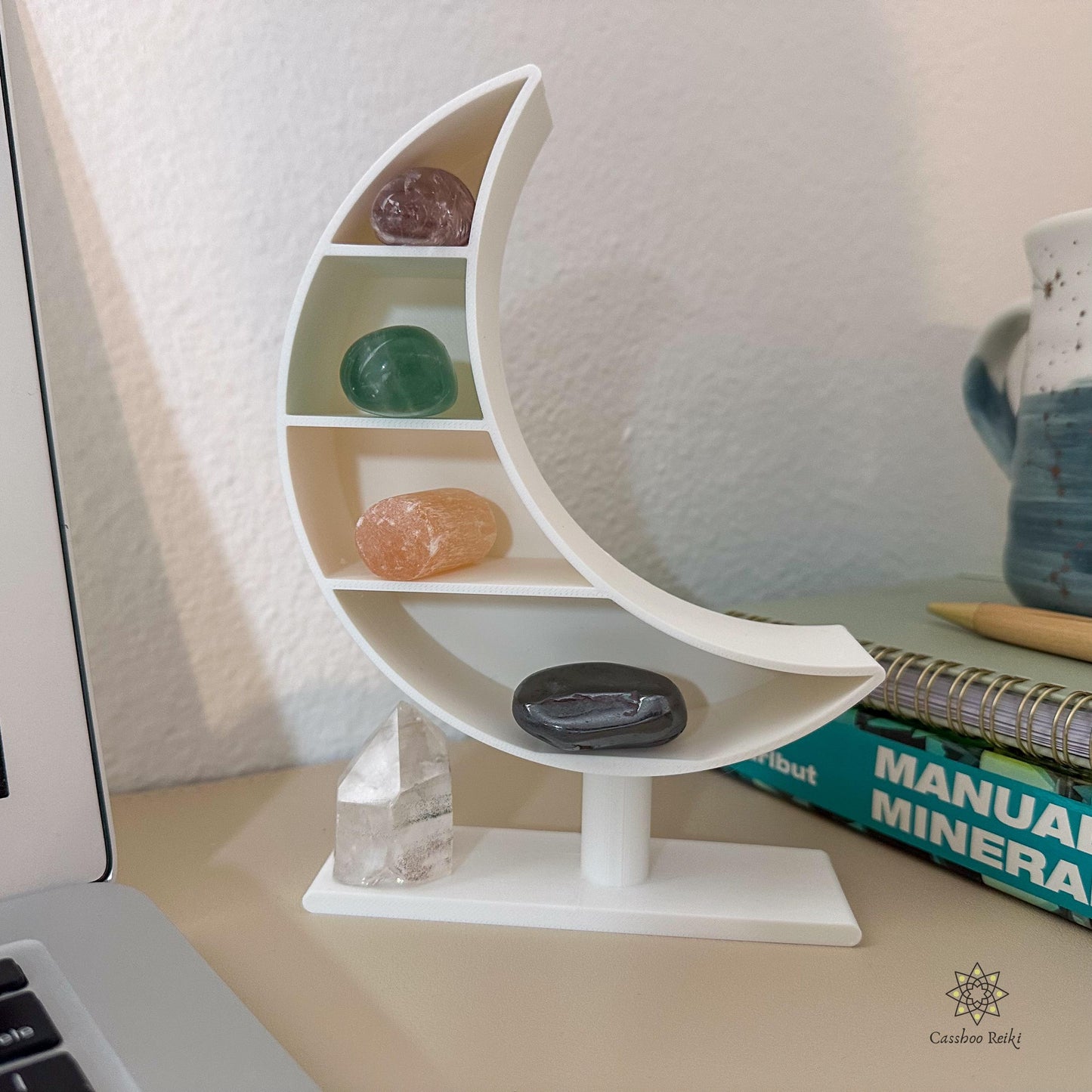 Vertical Altar with Crystals for the Student | Crescent Moon Shelf and Crystal Set