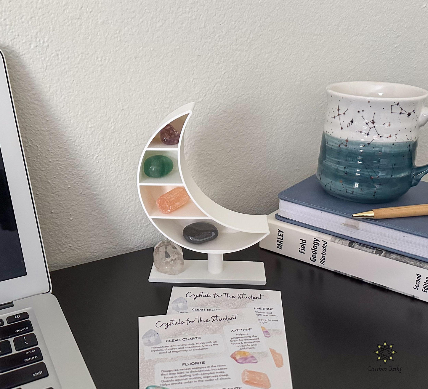 Vertical Altar with Crystals for the Student | Crescent Moon Shelf and Crystal Set