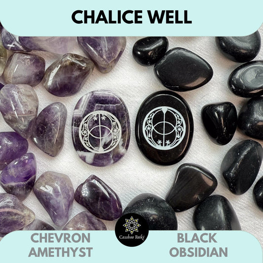 Chalice Well Palm Stones in Chevron Amethyst or Black Obsidian | Vesica Piscis Engraved Palm Stone | Natural Crystal Pocket Stone