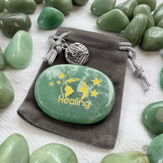 Healing The Planet Palm Stone in Green Aventurine | Green Aventurine Palm Stone | Engraved Pocket stone