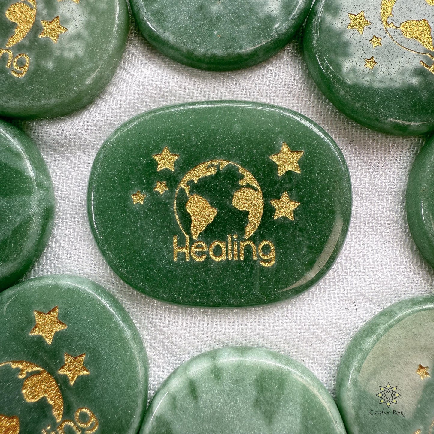 Healing The Planet Palm Stone in Green Aventurine | Green Aventurine Palm Stone | Engraved Pocket stone