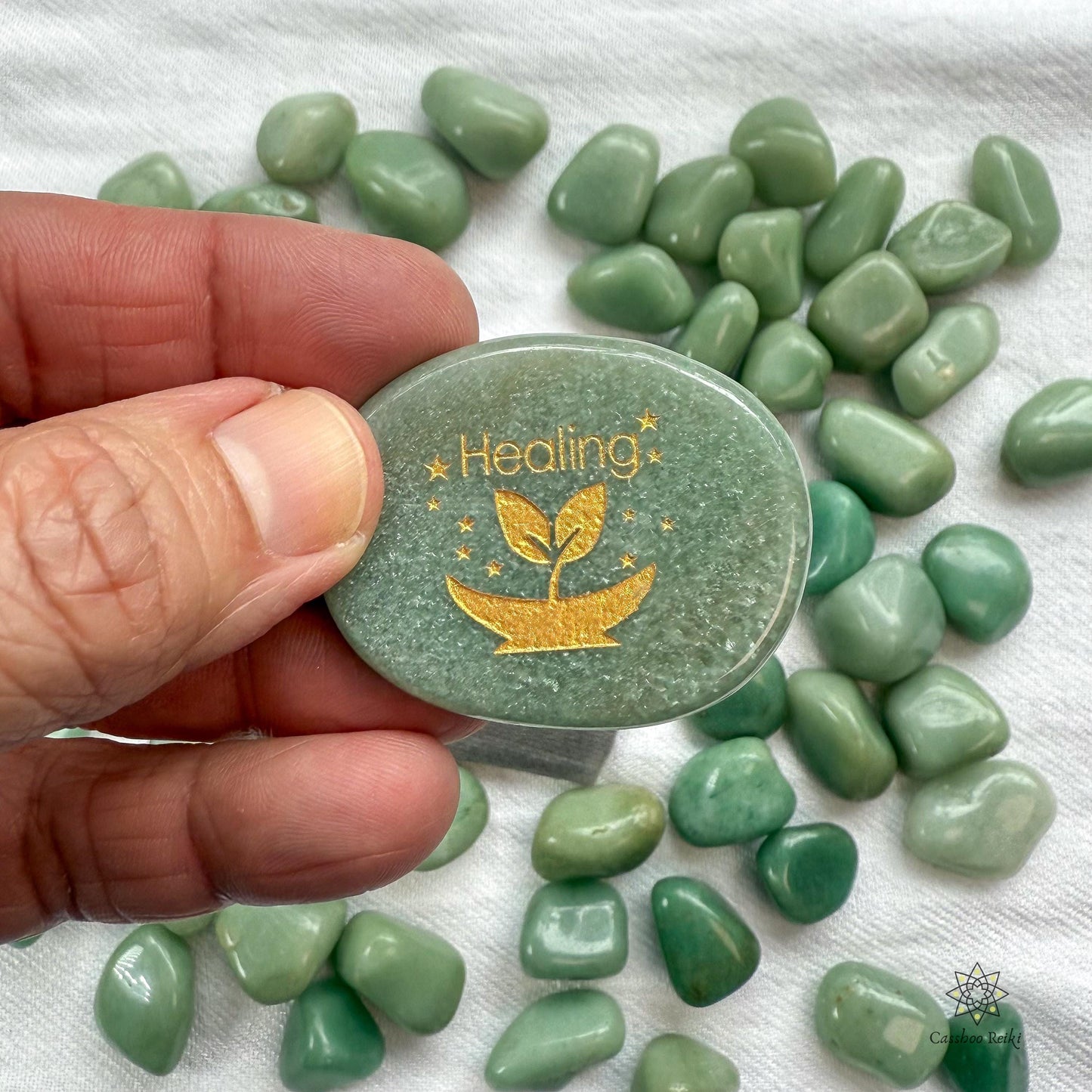Healing Palm Stone in Green Aventurine | Green Aventurine Palm Stone | Engraved Pocket stone | Crystal for Healing and Attracting Prosperity