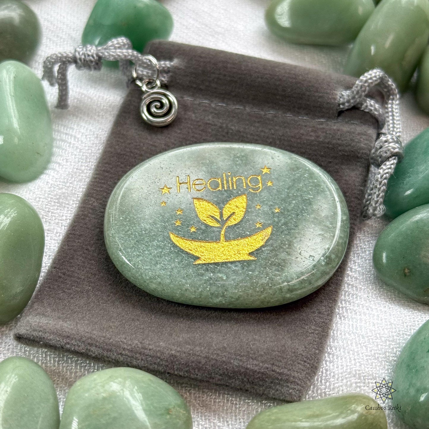 Healing Palm Stone in Green Aventurine | Green Aventurine Palm Stone | Engraved Pocket stone | Crystal for Healing and Attracting Prosperity