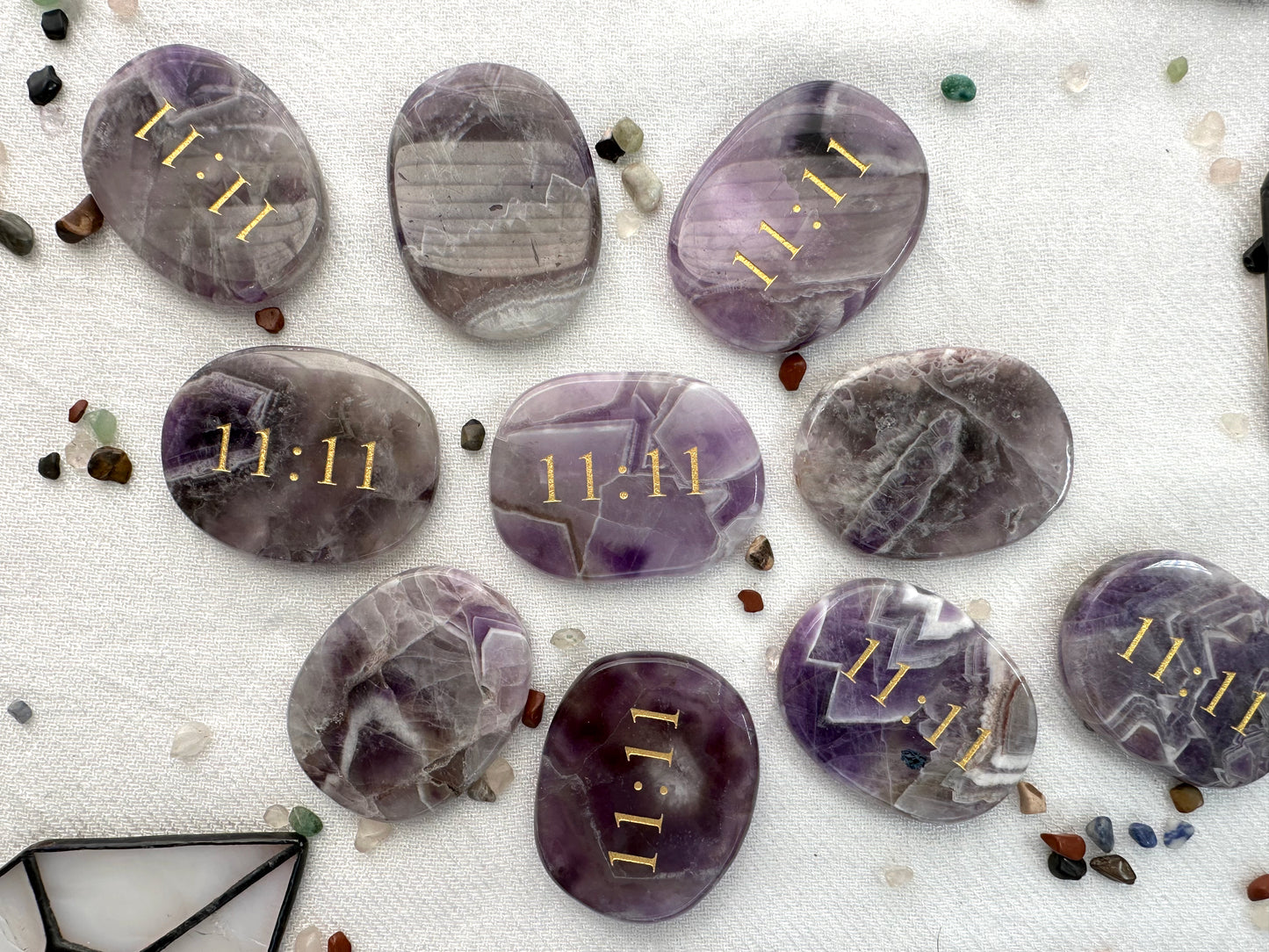 Purple amethyst palm stone. Flat palm stone with 11:11 engraved in gold
