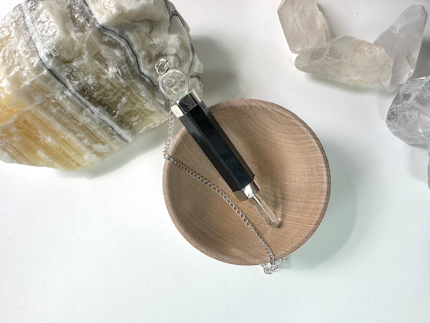 Shungite and Clear Quartz Pendulum Wand with Wooden Bowl