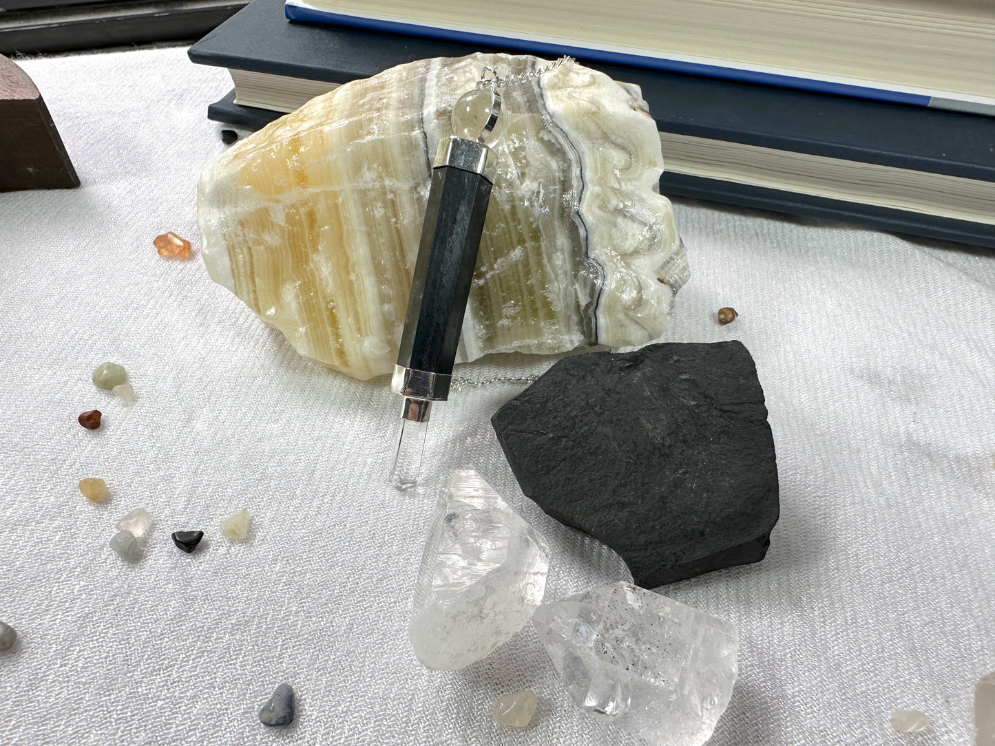 Shungite and Clear Quartz Pendulum Wand with Wooden Bowl