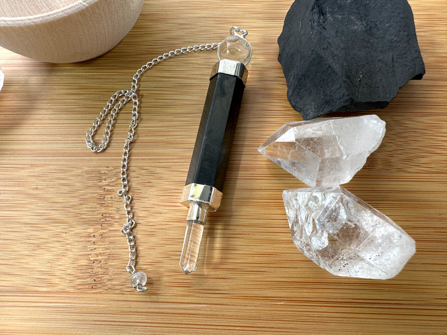 Shungite and Clear Quartz Pendulum Wand with Wooden Bowl