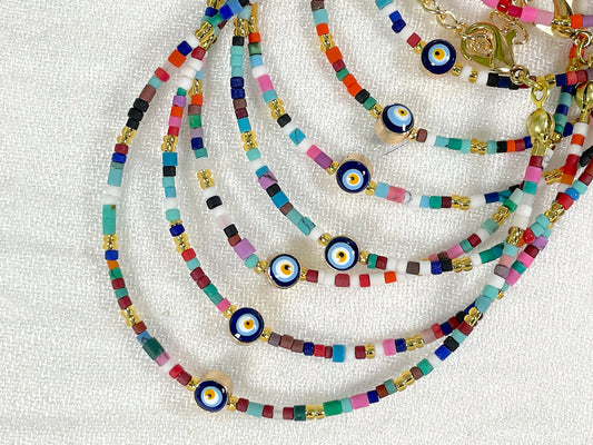 Evil Eye Bracelet, Seed Beads, Miyuki color