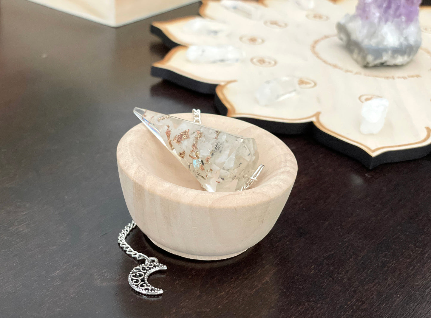 Full Moon/New Moon Orgone Pendulums. Sold by set or separate. Mini wooden bowl included