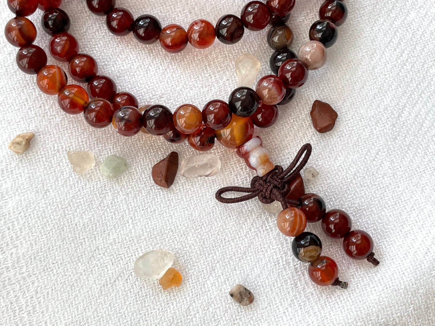 Carnelian 108 Prayer Bead Collar & Wrist Mala. Elastic