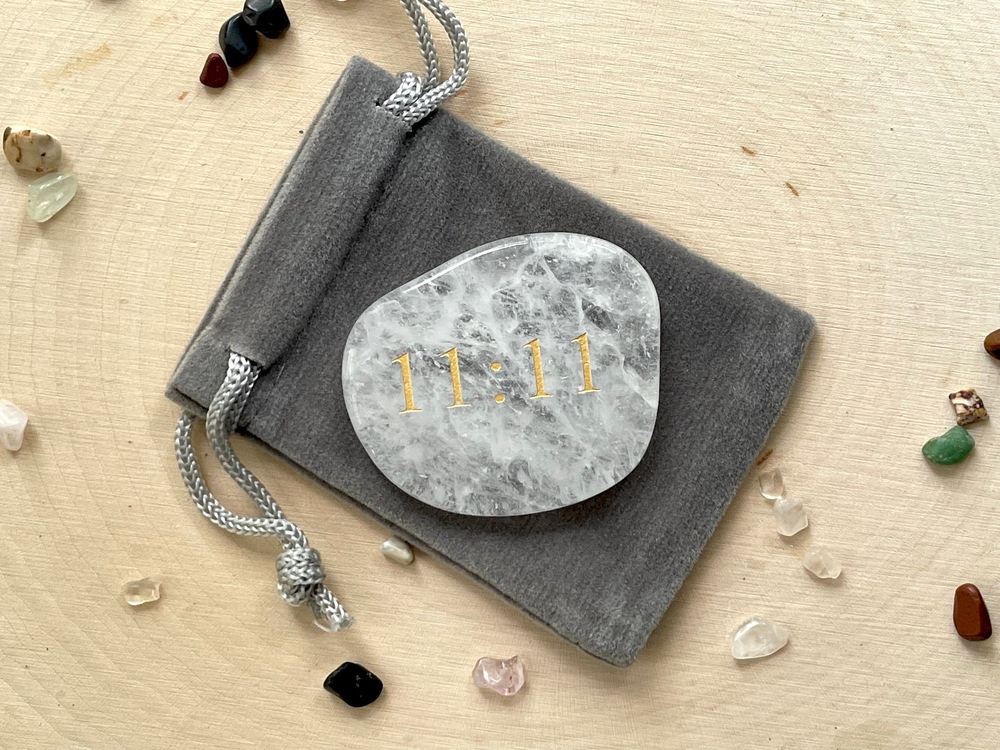Clear Quartz palm stone. Flat palm stone with 11:11 engraved in gold. Included a mini velvet bag