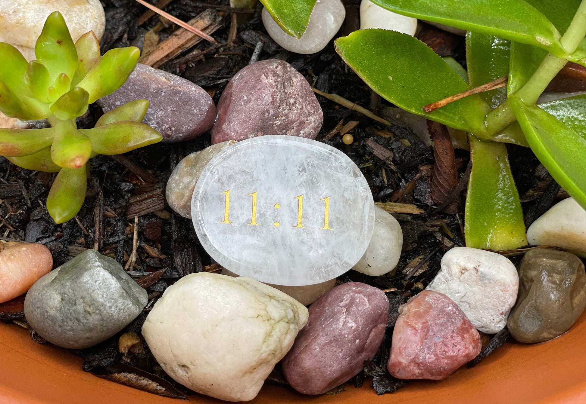 Clear Quartz palm stone. Flat palm stone with 11:11 engraved in gold