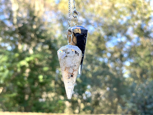 Full Moon/New Moon Orgone Pendulums. Sold by set or separate. Mini wooden bowl included