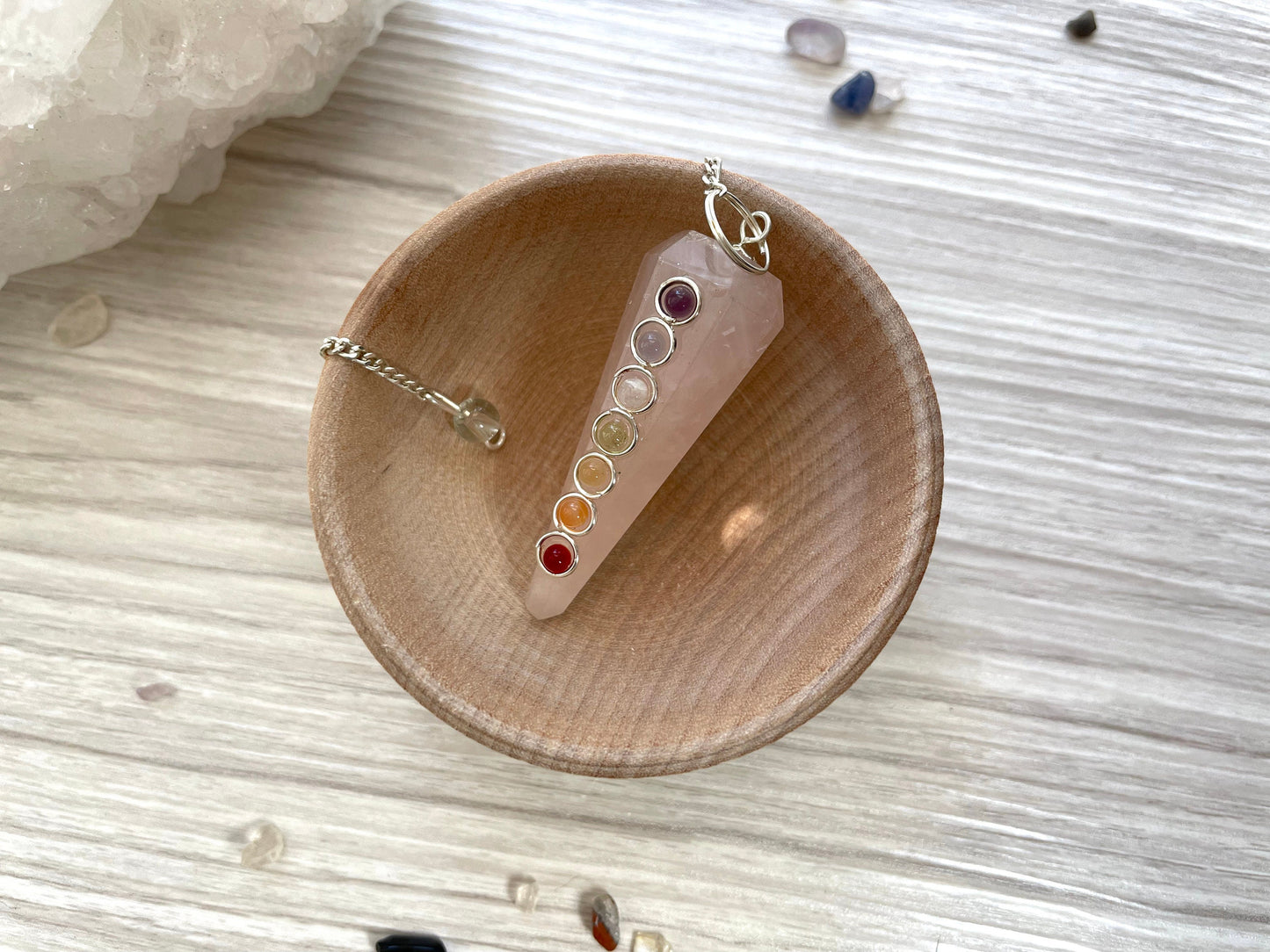 Rose quartz Chakra Pendulum with Bowl. Reiki Infused
