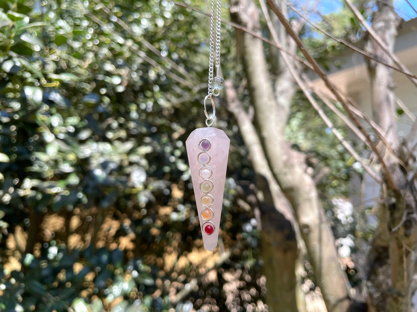 Rose quartz Chakra Pendulum with Bowl. Reiki Infused