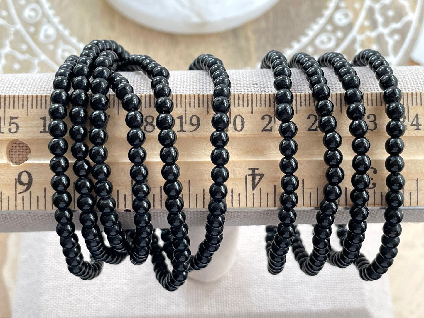 Black obsidian bead bracelet. Black gemstone elastic bracelet