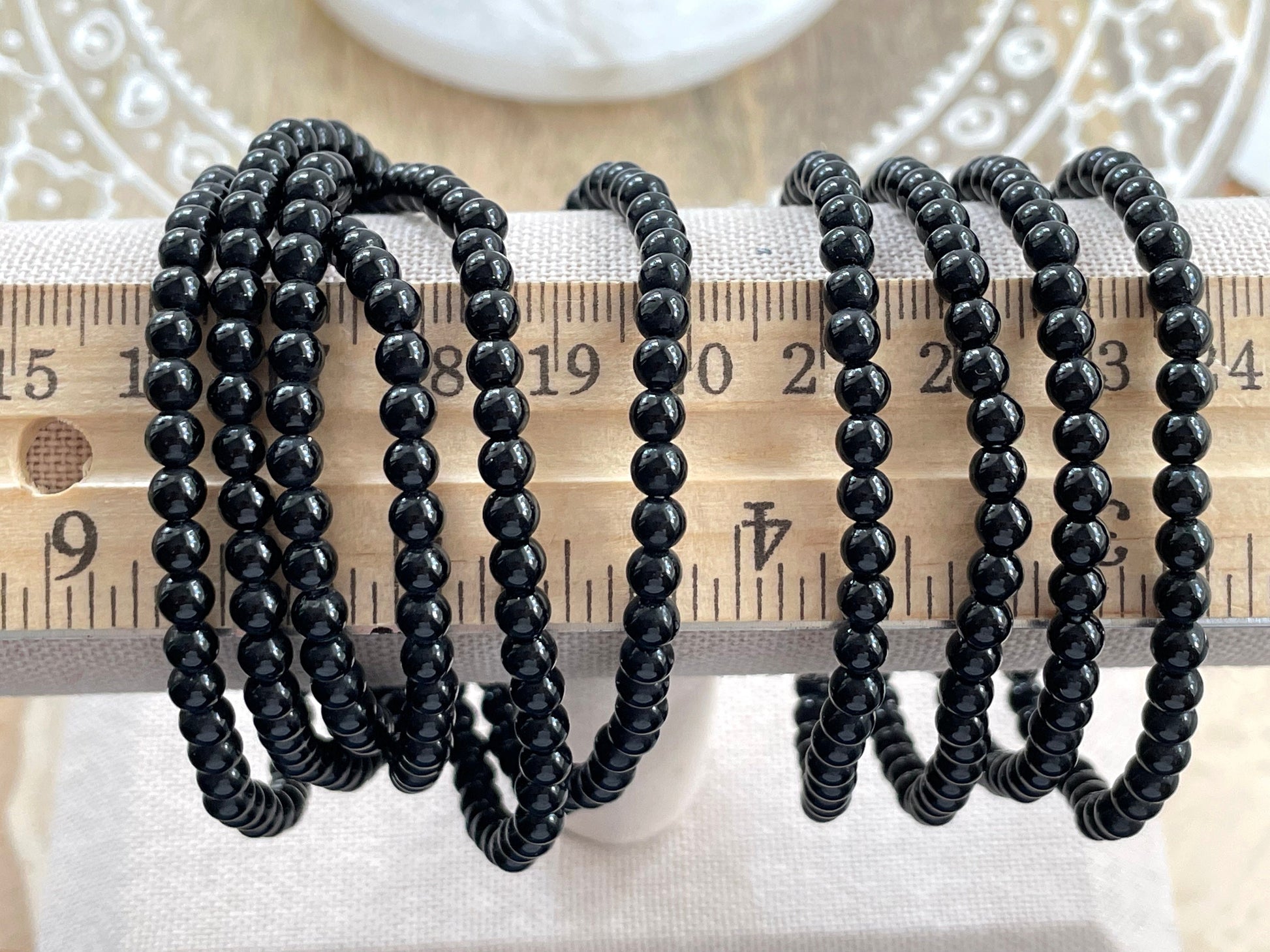 Black obsidian bead bracelet. Black gemstone elastic bracelet
