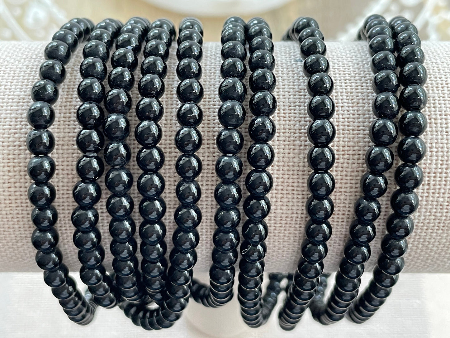 Black obsidian bead bracelet. Black gemstone elastic bracelet