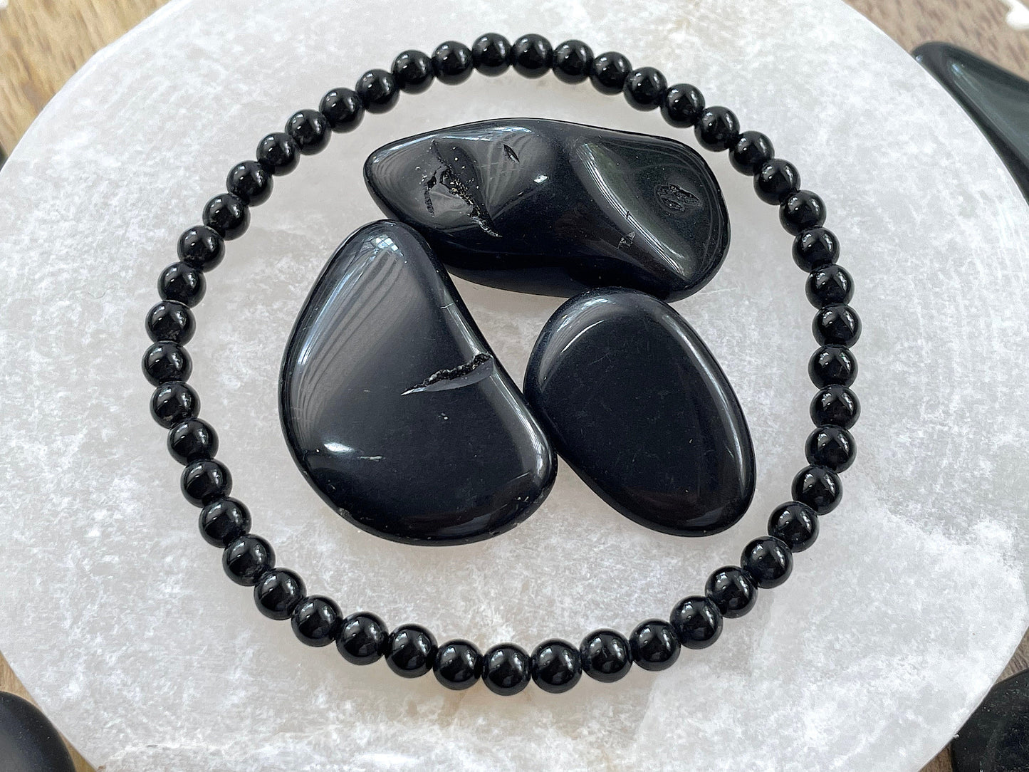 Black obsidian bead bracelet. Black gemstone elastic bracelet