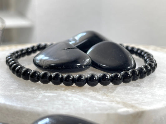 Black obsidian bead bracelet. Black gemstone elastic bracelet