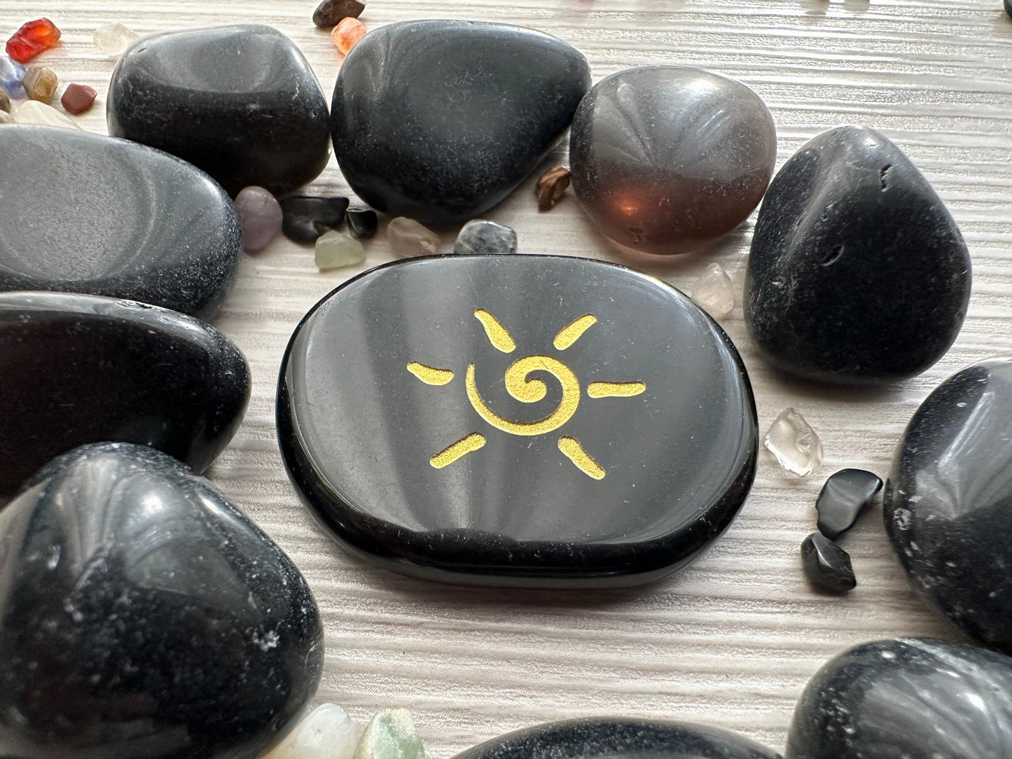 Energy Spiral in black Obsidian, Engraved Palm Stone | Crystal for Protection and Negative Thinking