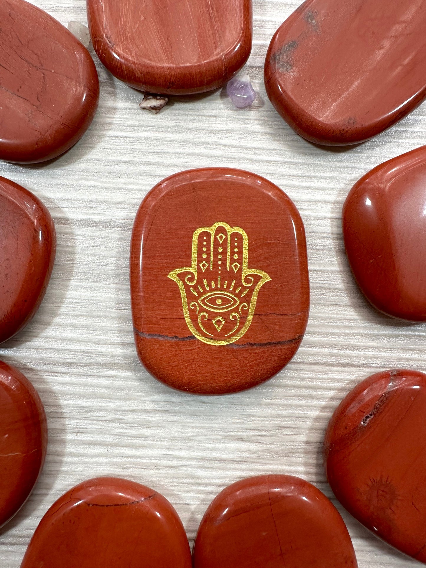 Engraved Palm Stone. Hamsa / Fatima symbol in Red Jasper