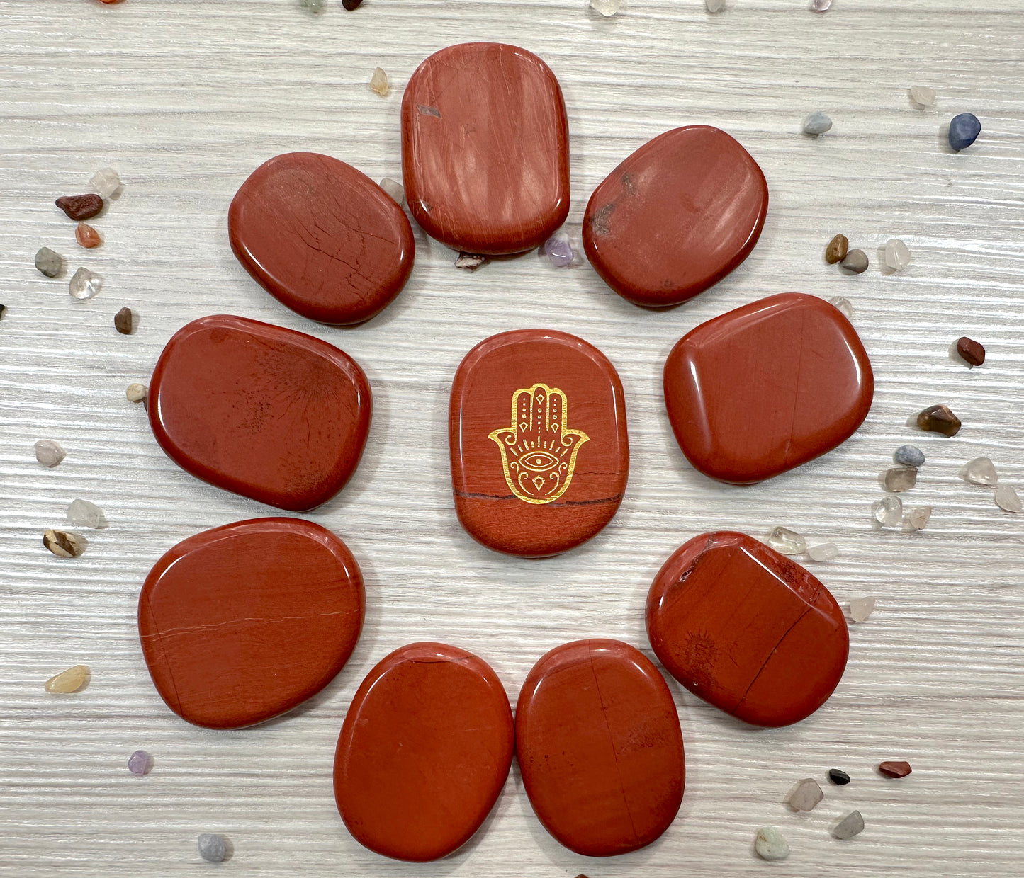 Engraved Palm Stone. Hamsa / Fatima symbol in Red Jasper