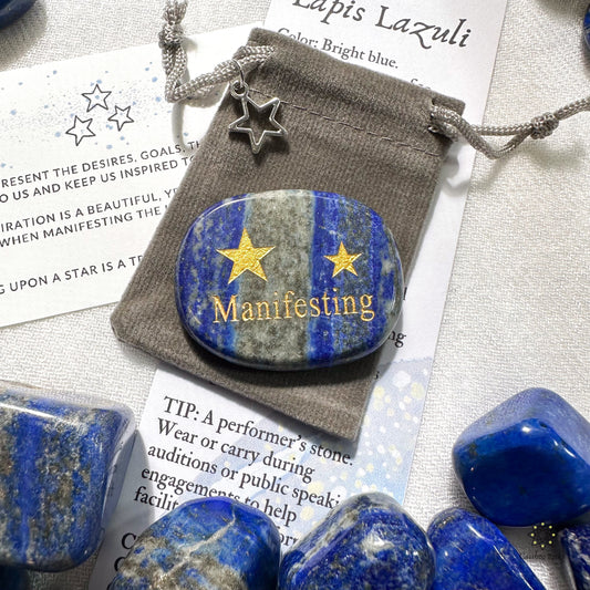 Manifesting Engraved Palm Stone in Lapis Lazuli | Natural Gemstone Pocket Stone