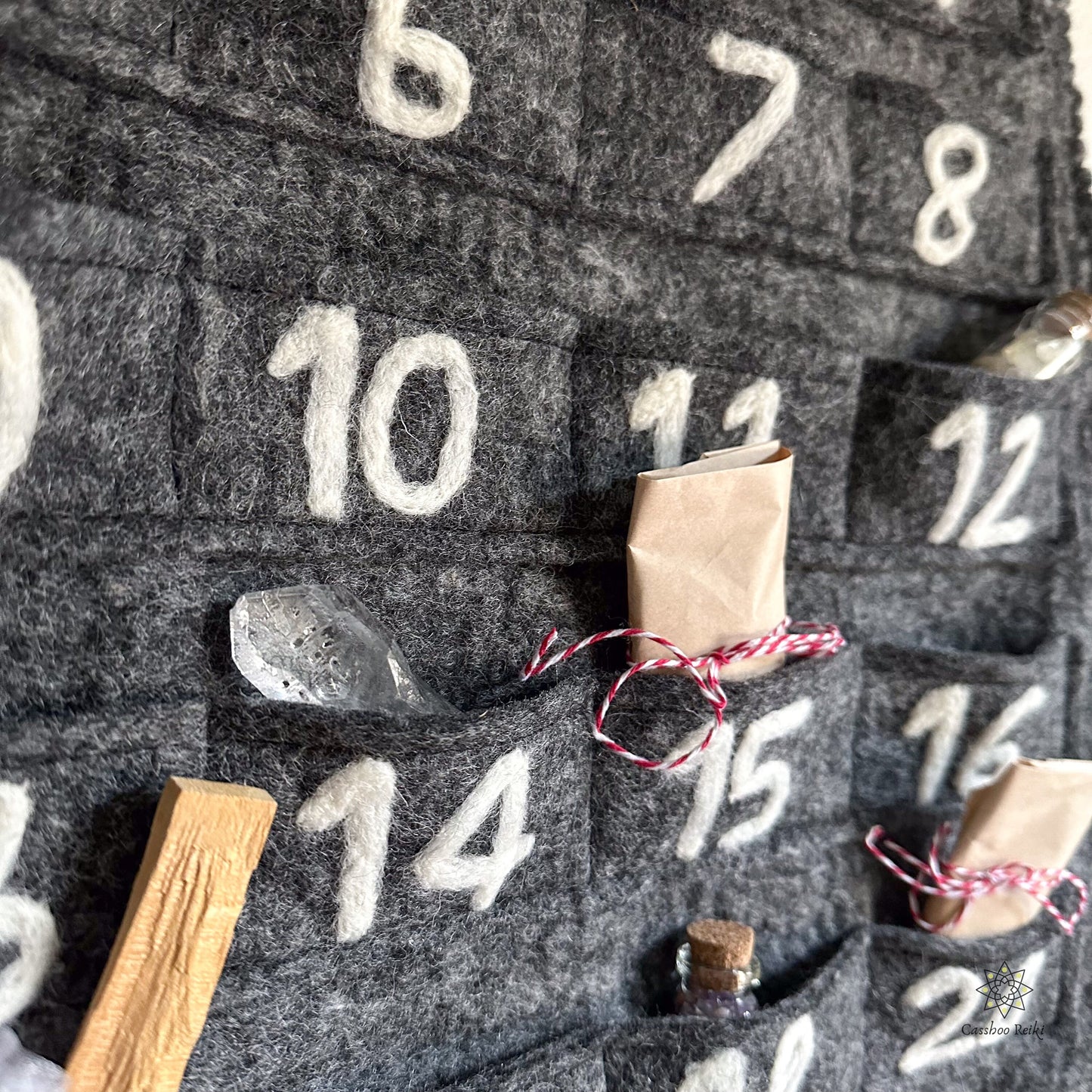 crystals and other small spiritual presents in each pocket