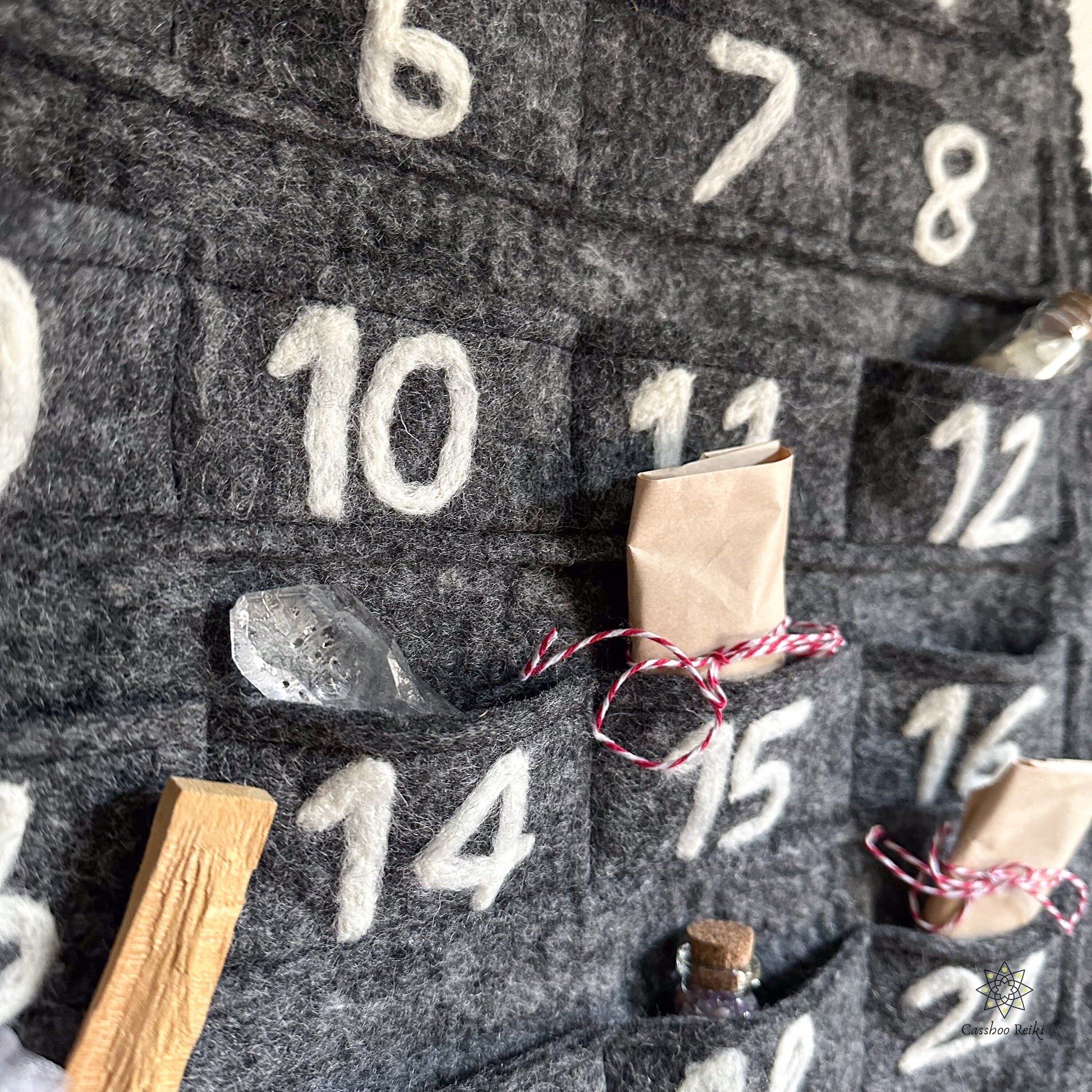 crystals and other small spiritual presents in each pocket